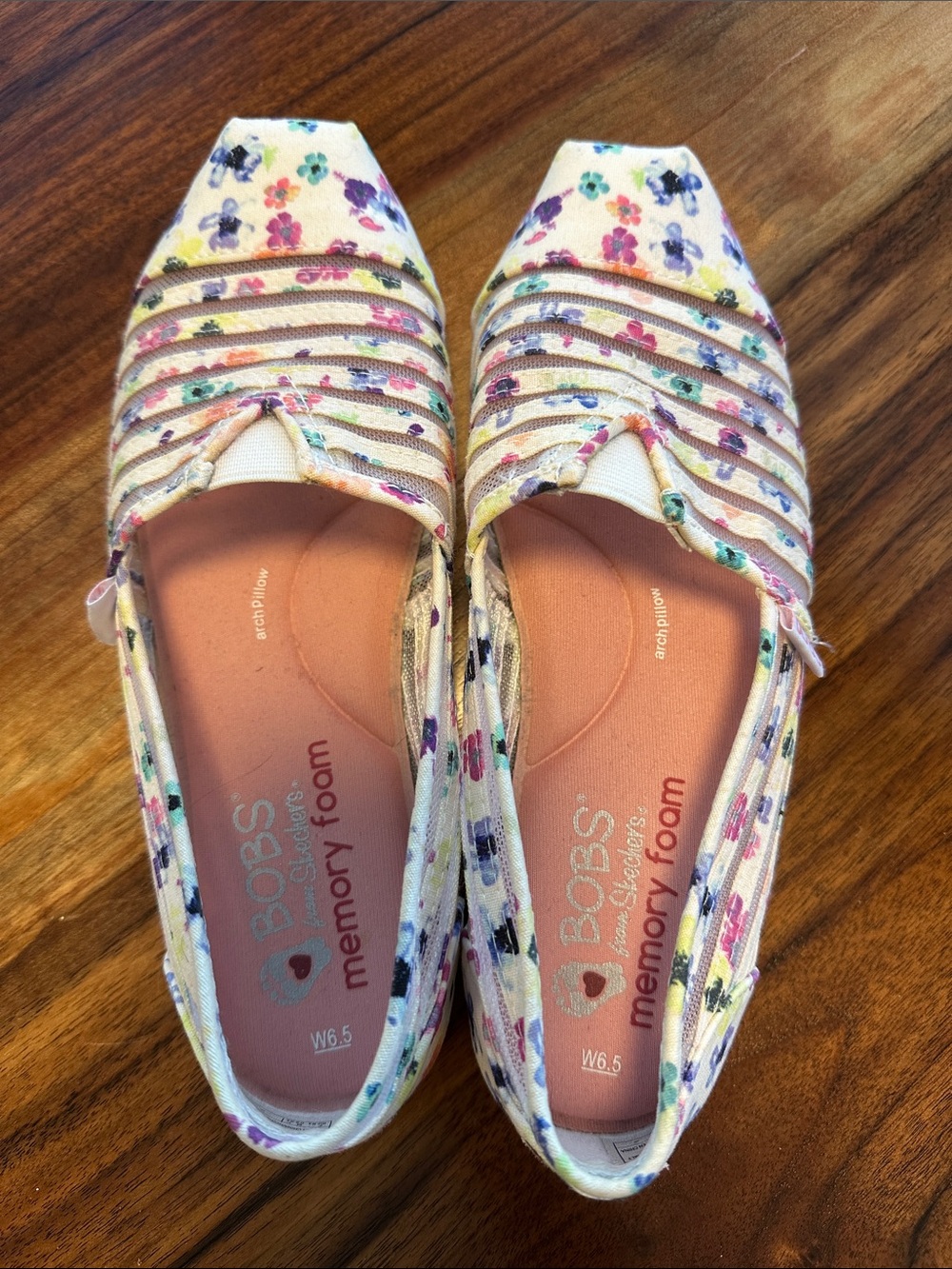 Skechers Women's Floral Slip-On Flats in White with Multi-Color Print